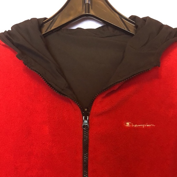 CHAMPION REVERSIBLE BLACK/RED FLEECE & NYLON HOODIE/JACKET • sz M - Picture 6 of 17